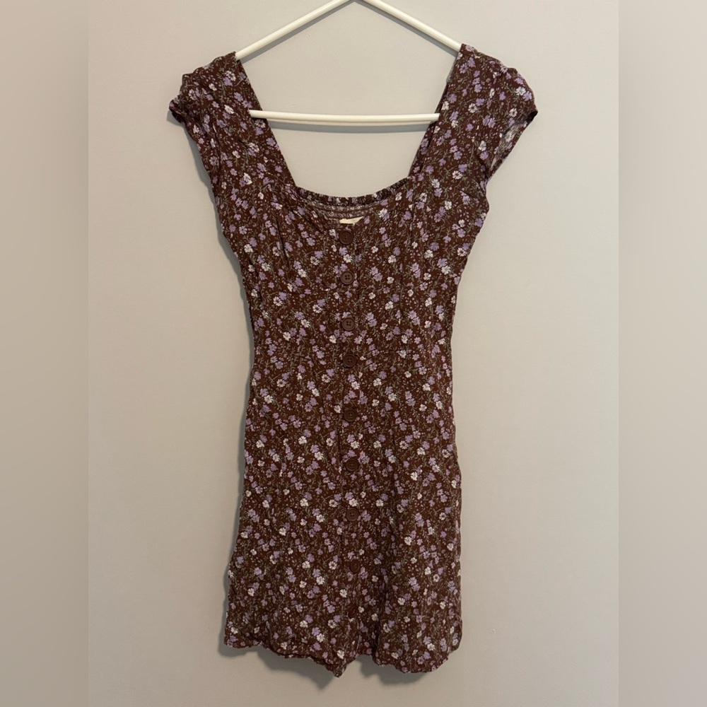 Aeropostale S Brown Purple Floral Dress Mini Pockets Smocking Boho Squareneck